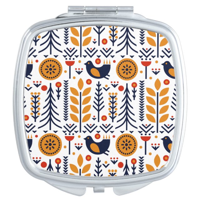 Autumn Bird Folk Art Pattern Compact Mirror (Front)