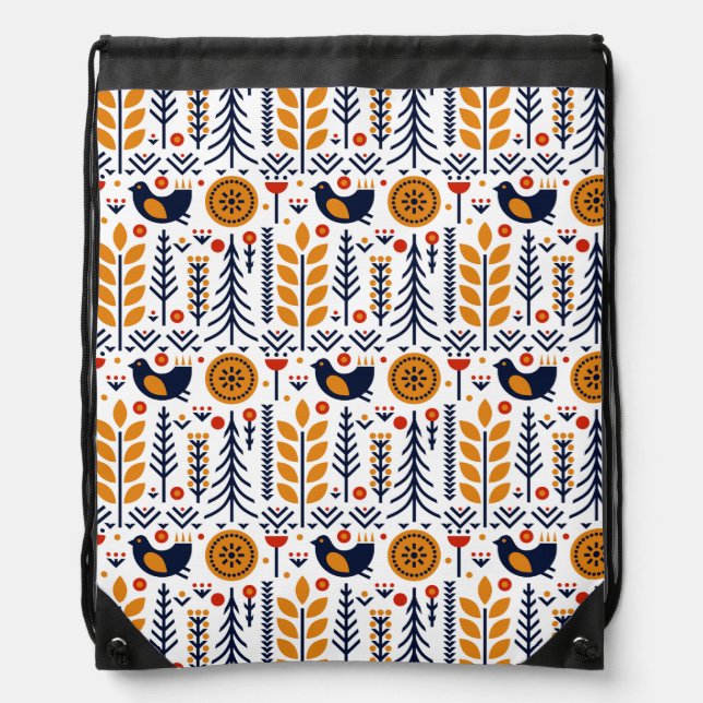 Autumn Bird Folk Art Pattern Drawstring Bag (Front)