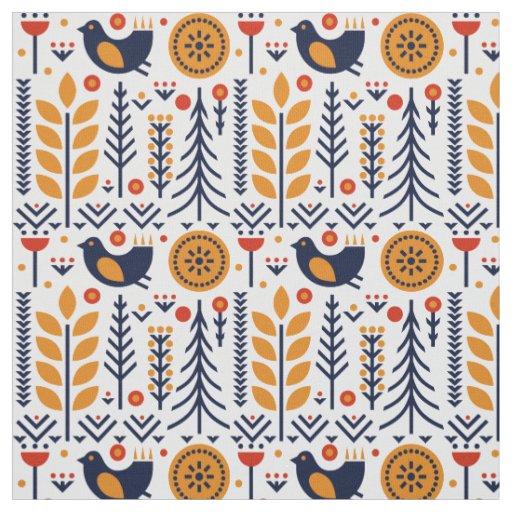 Autumn Bird Folk Art Pattern Fabric