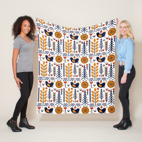 Autumn Bird Folk Art Pattern Fleece Blanket