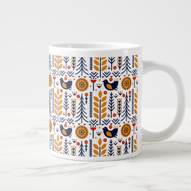 Autumn Bird Folk Art Pattern Giant Coffee Mug (Right)