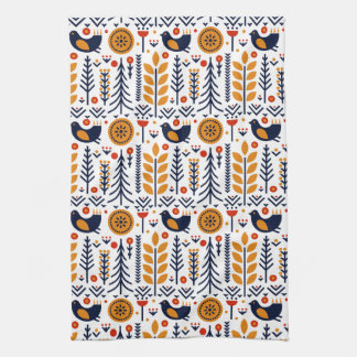 Autumn Bird Folk Art Pattern Kitchen Towel