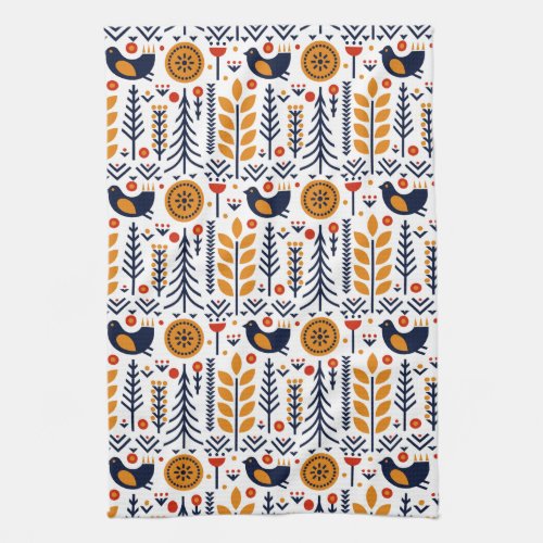 Autumn Bird Folk Art Pattern Kitchen Towel