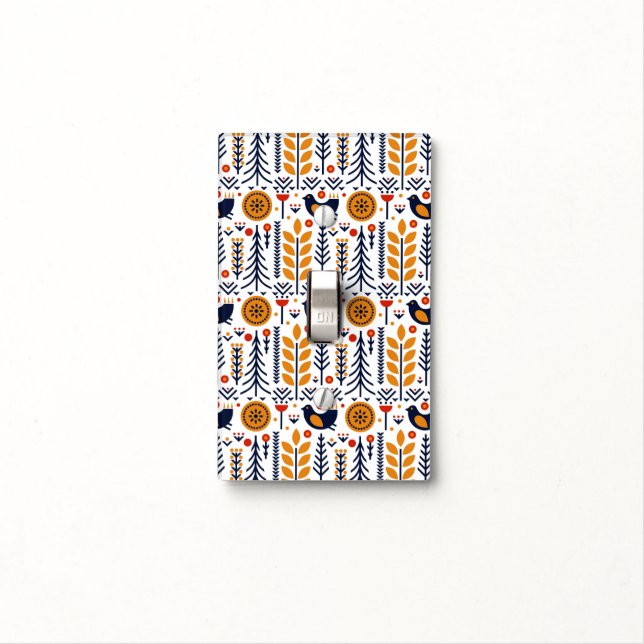 Autumn Bird Folk Art Pattern Light Switch Cover (In Situ)