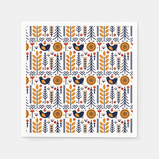 Autumn Bird Folk Art Pattern Napkins (Front)