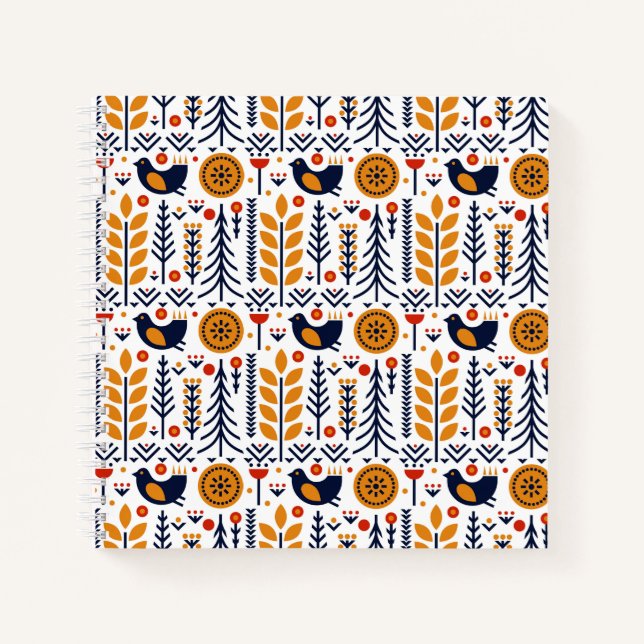 Autumn Bird Folk Art Pattern Notebook (Front)