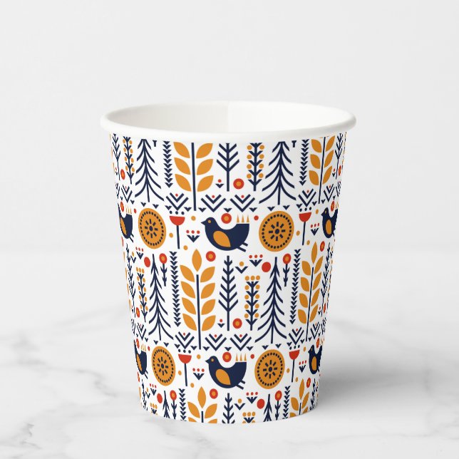 Autumn Bird Folk Art Pattern Paper Cups (Left)