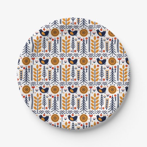 Autumn Bird Folk Art Pattern Paper Plates