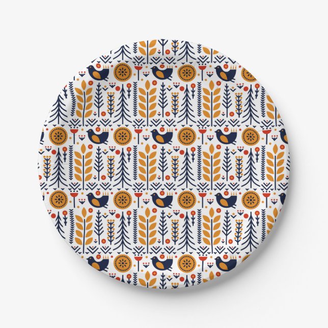 Autumn Bird Folk Art Pattern Paper Plates (Front)