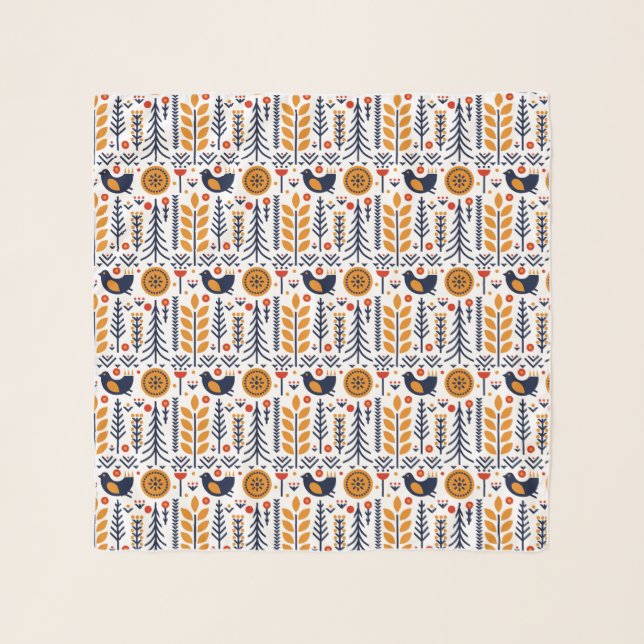 Autumn Bird Folk Art Pattern Scarf (Front)