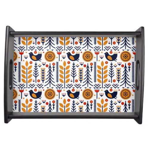 Autumn Bird Folk Art Pattern Serving Tray