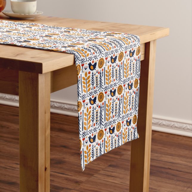 Autumn Bird Folk Art Pattern Short Table Runner (In Situ)