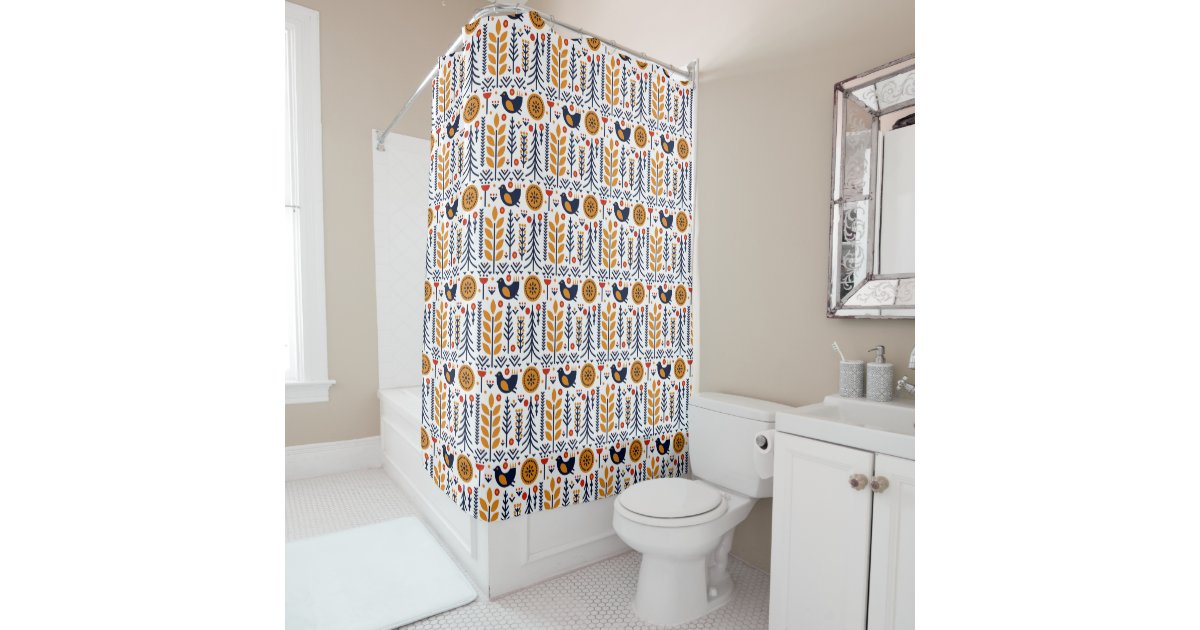 Autumn Bird Folk Art Pattern Shower Curtain Zazzle