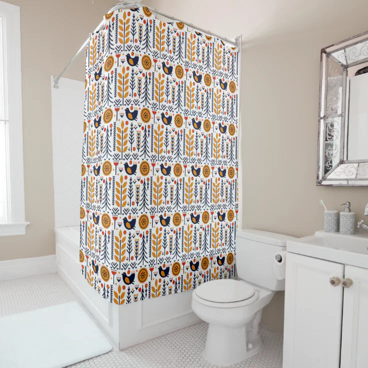 Autumn Bird Folk Art Pattern Shower Curtain Zazzle