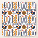Autumn Bird Folk Art Pattern Square Paper Coaster