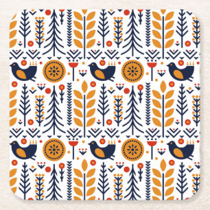 Autumn Bird Folk Art Pattern Square Paper Coaster