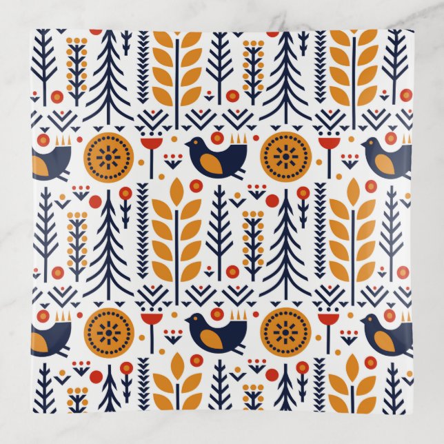 Autumn Bird Folk Art Pattern Trinket Tray (Front)