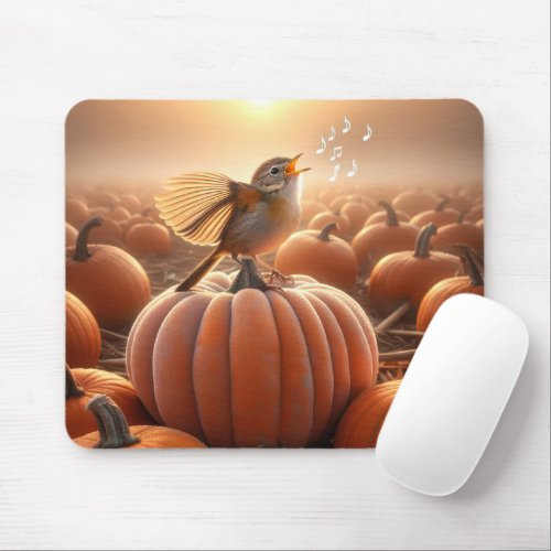 Autumn Bird Singing On a Pumpkin Mouse Pad