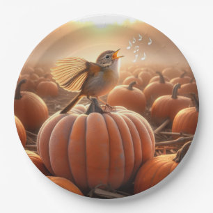 Autumn Bird Singing On a Pumpkin Paper Plates