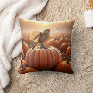 Autumn Bird Singing On a Pumpkin Throw Pillow
