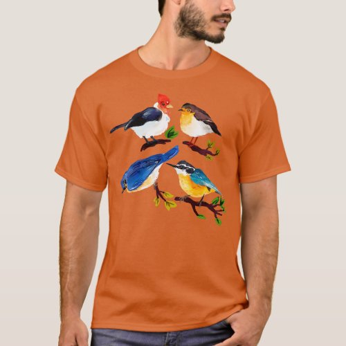 Autumn Birds Hand Drawn Watercolor T_Shirt