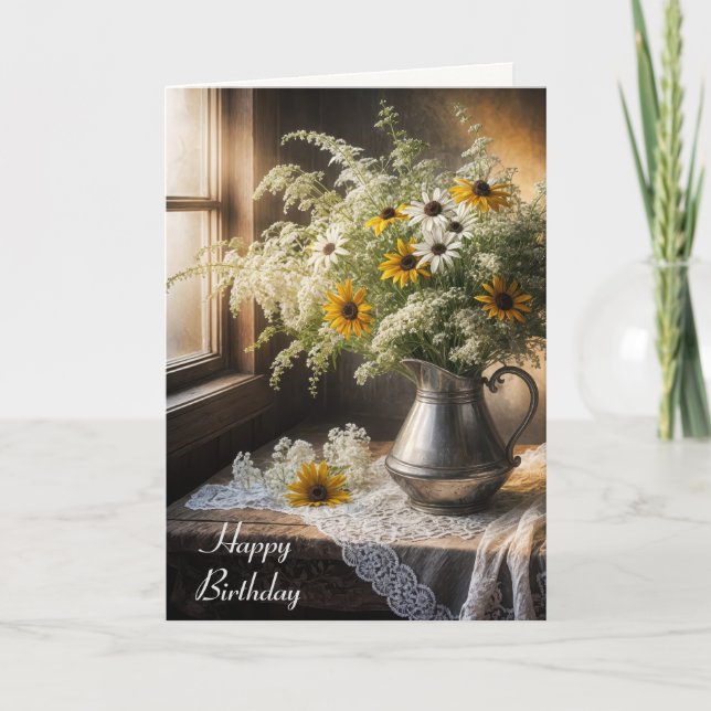 Autumn Birthday Flower Bouquet On Lace  Card (Front)