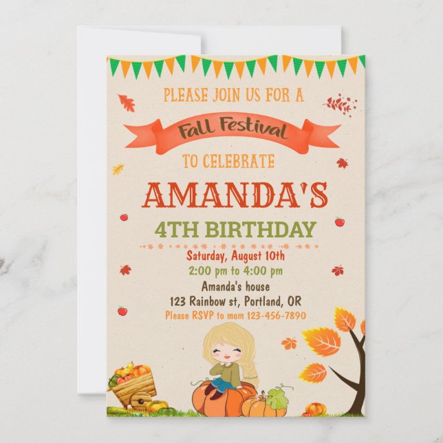 Autumn birthday invitation Fall festival party (Front)