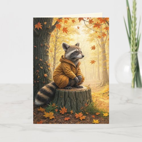 Autumn Birthday Raccoon On Tree Stump Card