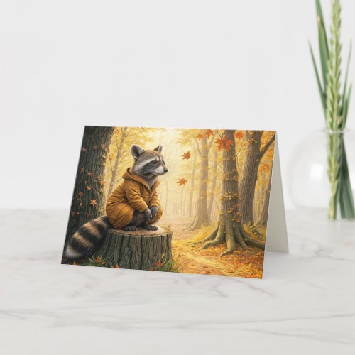 Autumn Birthday Raccoon On Tree Stump Card