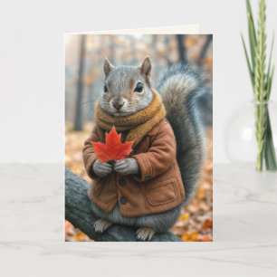 Autumn Birthday Squirrel Holding a Red Maple Leaf Card