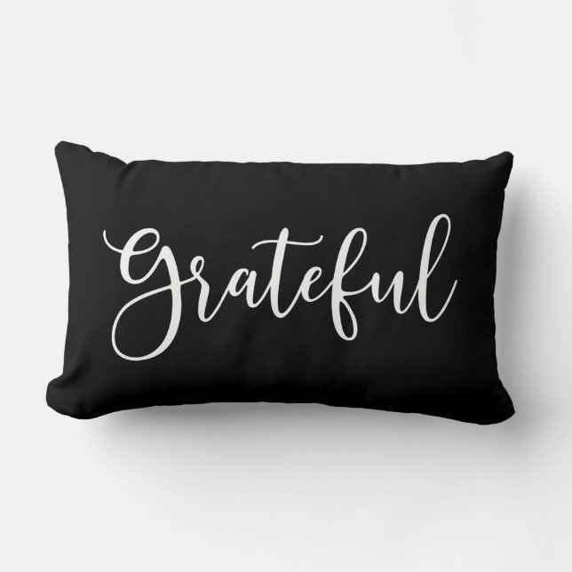 Autumn Black and White Script Grateful Lumbar Pillow (Front)