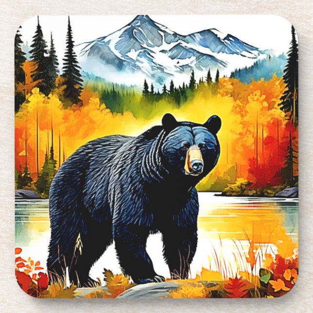 Autumn Black Bear River Design Beverage Coaster (Front)