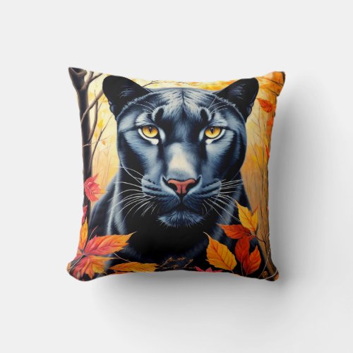 Autumn Black Big Cat Painting Throw Pillow
