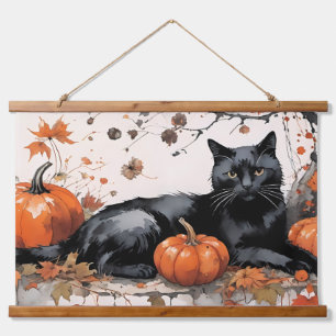 Autumn Black Cat with Pumpkins Hanging Tapestry