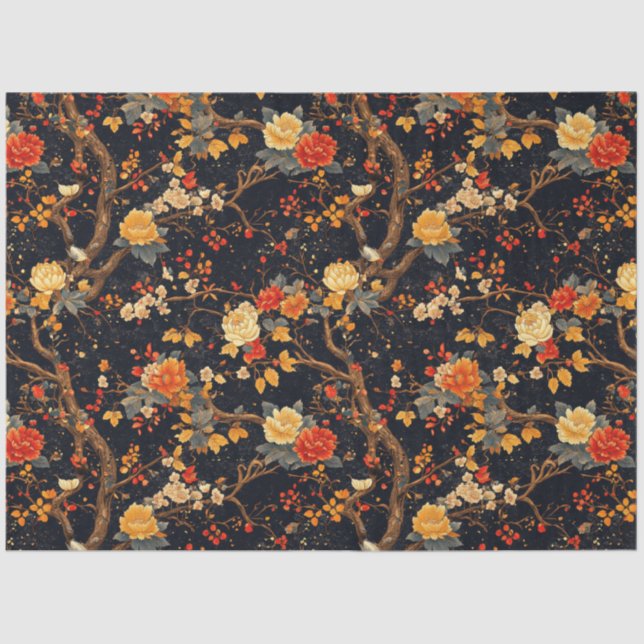 Autumn Black Orange Leaf Chinoiserie Tissue Paper (Front)