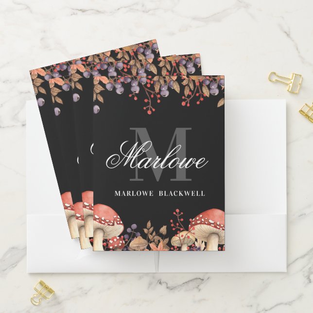 Autumn Black White Monogram Script Pocket Folder (In Situ)