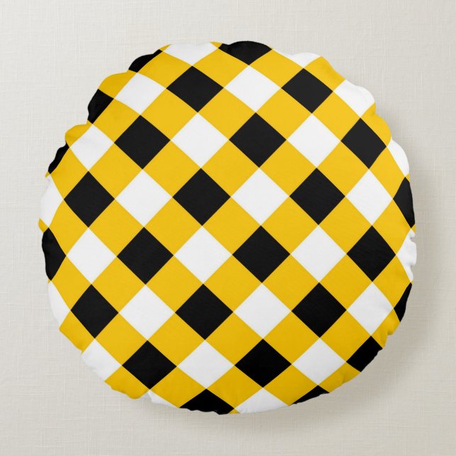 Autumn Black Yellow Checkered Geometric Pattern Round Pillow (Front)