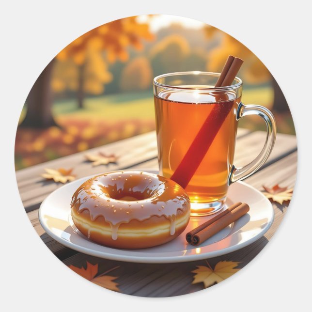 Autumn Blessings | Cider and Donut Classic Round Sticker (Front)