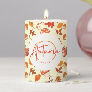 Autumn Blessings Cozy Chestnuts and Leaves Yellow Pillar Candle
