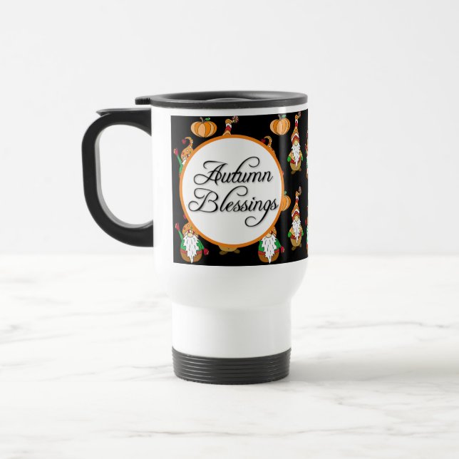 Autumn Blessings Fall Themed Gnomes   Travel Mug (Left)