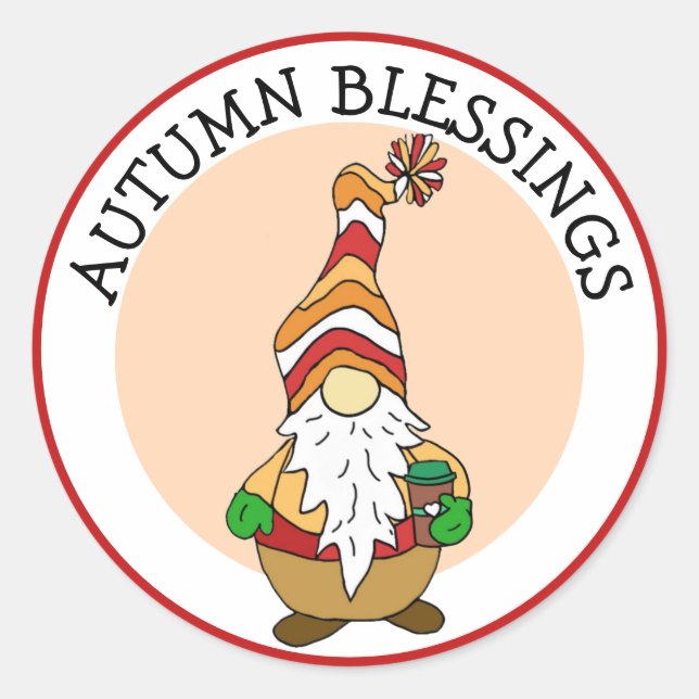  Autumn Blessings, Gnome Holding Coffee Classic Round Sticker (Front)
