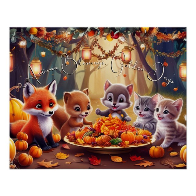 Autumn Blessings Golden Leaves Pumpkins Animals Poster (Front)