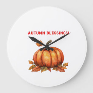 Autumn Blessings Pumpkin with Fall Leaves Classic Large Clock