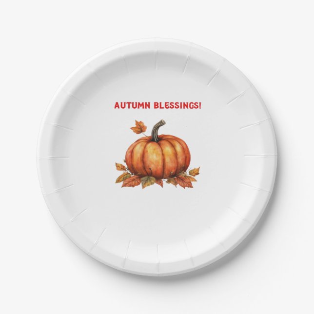 Autumn Blessings Pumpkin with Fall Leaves Classic  Paper Plates (Front)