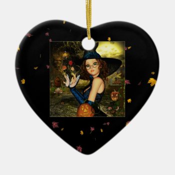 Autumn Blessings Witch Ceramic Heart Ornament by xgdesignsnyc at Zazzle
