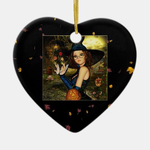 Autumn Blessings Witch Ceramic Heart Ornament