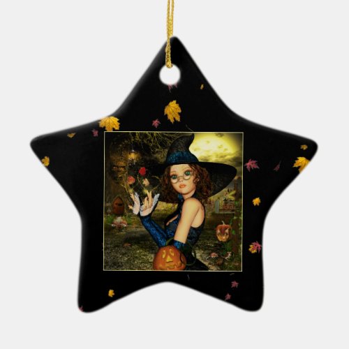 Autumn Blessings Witch Ceramic Star Ornament