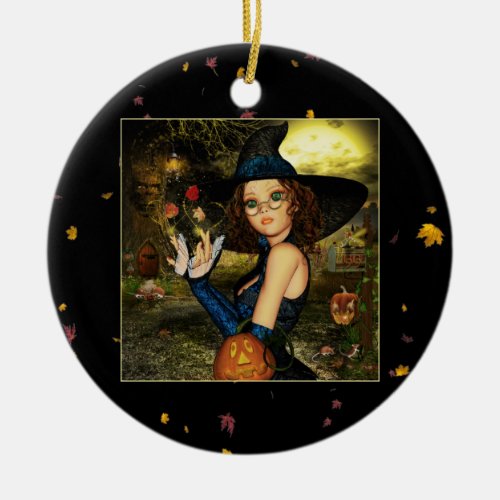 Autumn Blessings Witch Round Ceramic Ornament