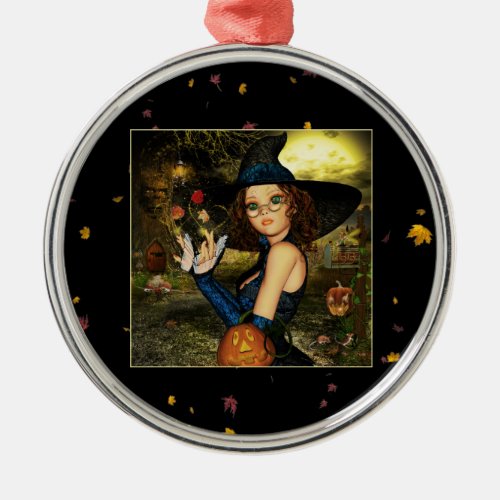 Autumn Blessings Witch Round Silver Ornament
