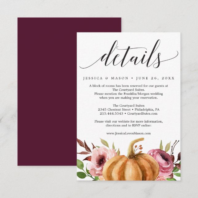 Autumn Bliss Pumpkin Wedding Details Card (Front/Back)